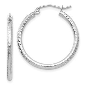 14K White Gold Engraved Diamond Cut 1 inch Round Hoop Earrings for Women
